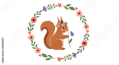 Charming illustration of a cute squirrel wearing a flower crown and holding a bluebell flower enclosed in a floral and heart wreath.