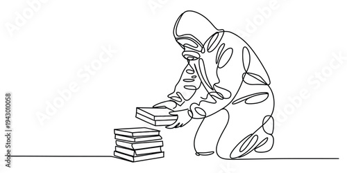 Minimalist Continuous Line Drawing of Person in Hazmat Suit Stacking Books