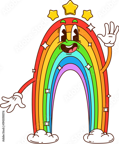 Hippie groovy rainbow character with stars waving a hand. Isolated cartoon vector joyful, heavenly arch retro personage, radiating carefree spirit of 1960s aesthetics and rainy cloudy weather forecast