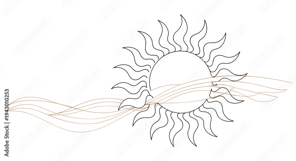 Obraz premium Minimalist line drawing of a sun with wavy rays and flowing thin lines representing wind or ocean waves moving across its center area.