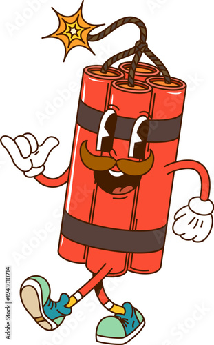 Wild West and Western retro groovy dynamite explosion cheerful character. USA Western TNT explosive funky mascot, US history groovy vector personage. Wild West dynamite with burning wick hippie mascot