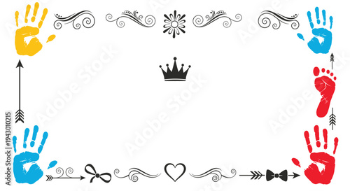 Decorative frame for kids featuring colorful handprints and footprints, arrows, bows, a crown, and a heart on a white background.