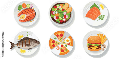 Variety of food plates with salmon, salad, sashimi, grilled fish, pizza, cheeseburger, international cuisine design, flat vector illustration