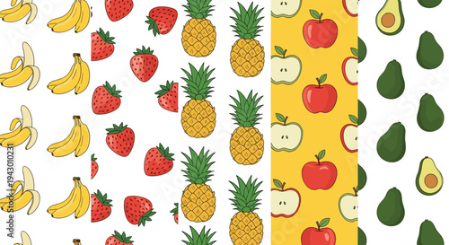 Vertical collage of four seamless patterns featuring bananas, strawberries, pineapples, apples, and avocado slices on different colors.