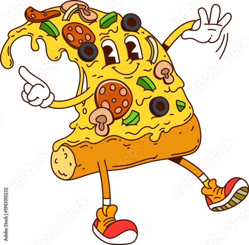 Groovy fast food pizza slice character. Isolated cartoon vector hippie fastfood personage with mushroom and greenery topping, friendly smile and funky cheese drips, waving hands, brings fun to party