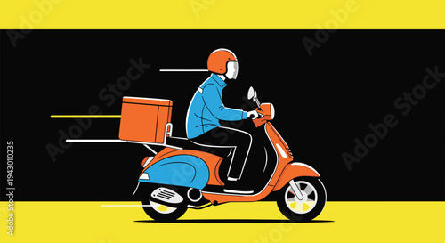 Colorful illustration of a delivery man riding an orange and blue scooter with a cargo box against a bold black and yellow background.