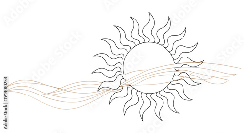 Minimalist line drawing of a sun with wavy rays and flowing thin lines representing wind or ocean waves moving across its center area.