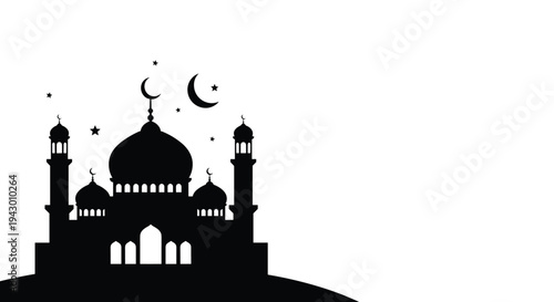 Black silhouette of a majestic mosque with domes and minarets under a crescent moon and stars on a plain white background design.