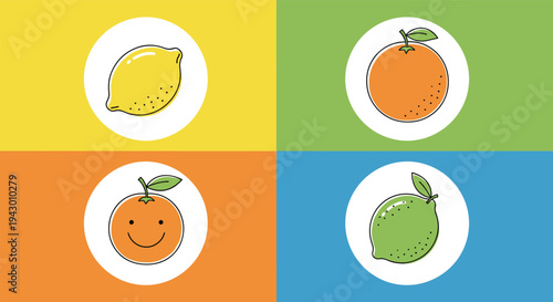 Four square tiles featuring simple illustrations of citrus fruits including a lemon, orange, smiling orange face, and a fresh lime.