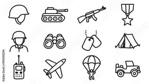 Military and Army Equipment Outline Icons Set: Helmet, Soldier, Tank, Rifle, Binoculars, Dog Tags, Tent, Radio, Airplane, Parachute, Jeep, Medal