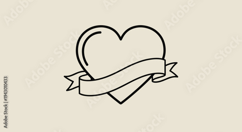 Simple line drawing of a heart shape with a blank ribbon banner draped across its front for messages on a neutral beige background.