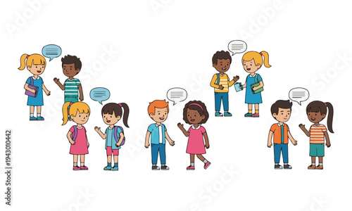 Diverse school children talking in pairs with speech bubbles