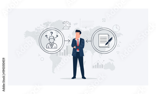 Businessman contemplating client questions and contract agreement icons