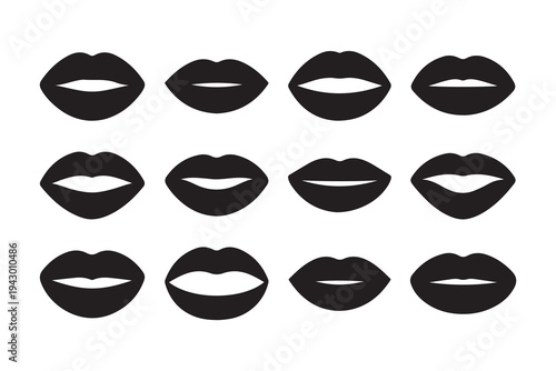 Set of black lip silhouettes representing various kiss poses and mouth shapes for beauty and fashion concepts