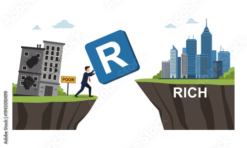 Businessman Pushing a Block to Bridge the Poverty Gap