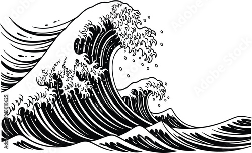 Detailed black and white vintage woodcut style illustration of a giant ocean wave isolated on white background for Japanese sea art vector.
