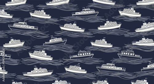 Seamless pattern featuring stylized white motorboats sailing on deep blue ocean waves, creating a repetitive nautical maritime textile design.