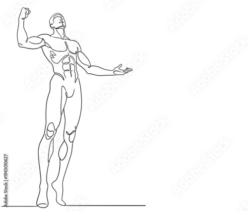 Minimalist continuous line drawing of a muscular male bodybuilder flexing his arm and showing strong physique. Fitness, strength and bodybuilding concept for sports and gym designs
