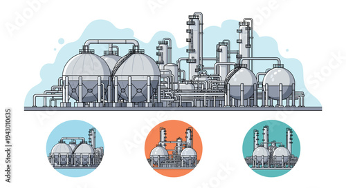 Detailed vector illustration of a massive industrial oil refinery or chemical processing plant with spherical storage tanks and complex piping systems.