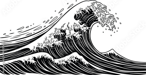 Detailed black and white vintage woodcut style illustration of a giant ocean wave isolated on white background for Japanese sea art vector.