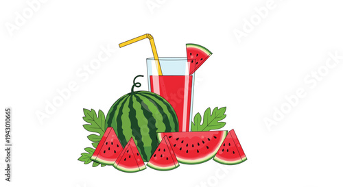 Refreshing glass of bright red watermelon juice with a yellow straw, surrounded by juicy slices and a whole green striped watermelon on white.