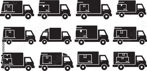 Black and white delivery trucks in various side views