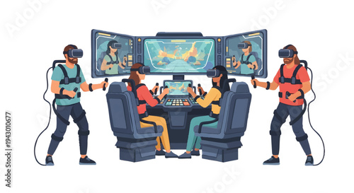 People wearing VR headsets and controllers playing video games together