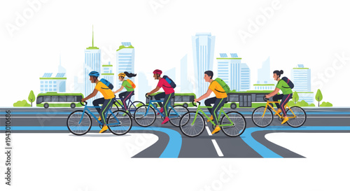 Cyclists riding bikes on city road with skyscrapers background