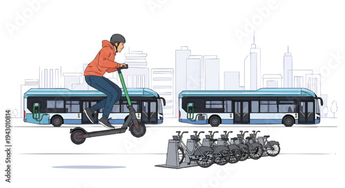 Man riding electric scooter past city buses and bicycles