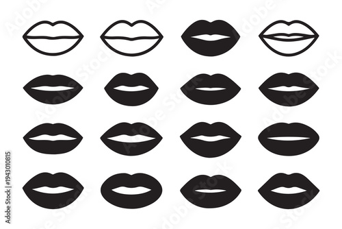 Set of black lips silhouettes icons isolated on white background for makeup and cosmetics design and fashion