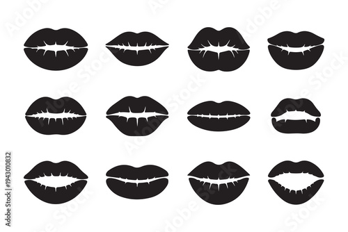 Set of black lip silhouettes representing various kiss poses and mouth shapes for beauty and fashion concepts