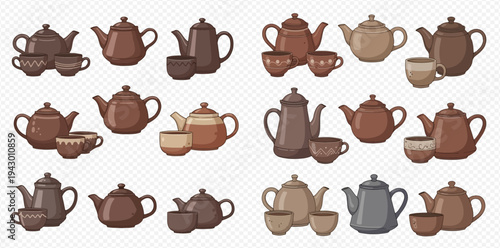 Collection of traditional ceramic teapots and cups, vintage tea sets for hot beverages.