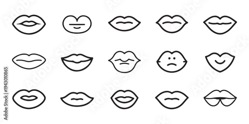 Collection of thin line lips icons showing different mouth shapes and facial expressions for character design