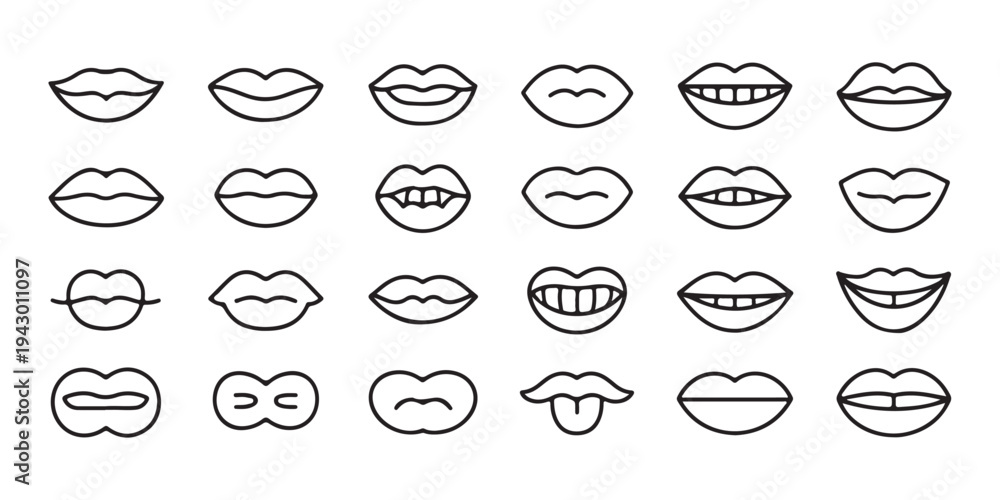 Obraz premium Large set of line art mouth icons with teeth and tongue showing diverse facial expressions and dental anatomy