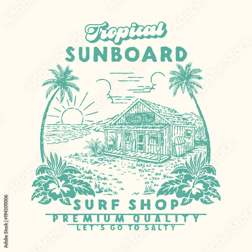 Photography shop illustration hut graphic surfboard design beach badge surfing vintage tropi