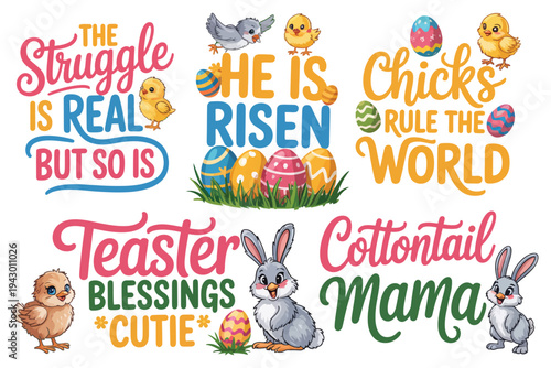 Joyful Easter greetings with cute chicks, bunnies, and colorful eggs
