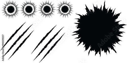 Collection of black silhouette bullet holes claw marks scratch traces and explosion blast impact shapes isolated on white background for graphic design elements.