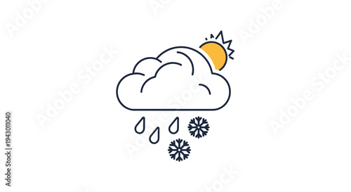 Versatile weather icon showing a white cloud with a yellow sun, blue raindrops, and dark snowflakes, representing mixed weather conditions.