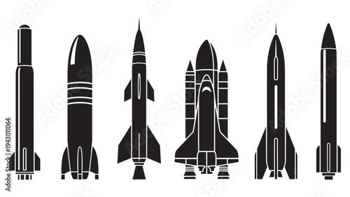 Collection of Rocket and Space Shuttle Silhouettes - Black Vector Icons Representing Space Exploration and Launch Vehicles