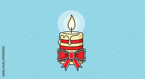 Decorative Christmas candle with red and white stripes and a large red bow, glowing brightly against a soft blue circular background.