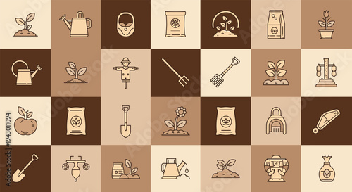Comprehensive grid of gardening and agricultural icons featuring tools like watering cans, shovels, plants, seeds, and scarecrows in earthy tones.