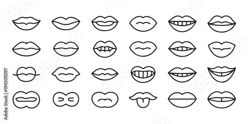 Large set of line art mouth icons with teeth and tongue showing diverse facial expressions and dental anatomy
