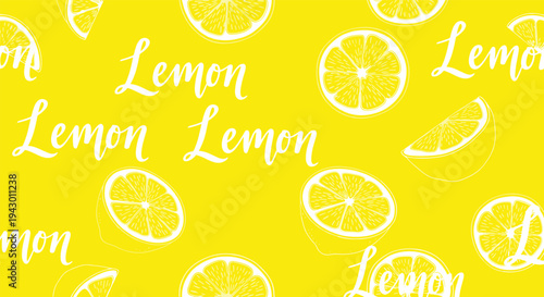 Bright yellow background pattern featuring sliced and whole lemons with the word Lemon written in a stylish white script font.