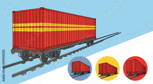 Illustration of a red and yellow striped cargo container on railroad tracks, with small circular icons of different train cars below.