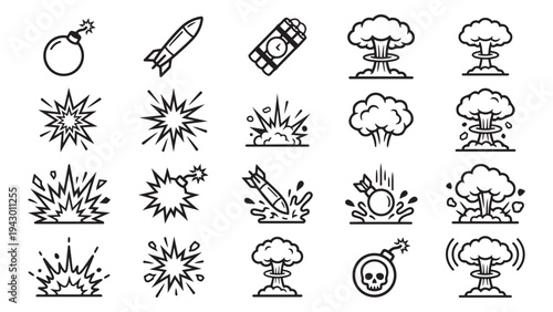 Collection of explosion and bomb outline icons featuring rockets, dynamite, and nuclear mushroom clouds