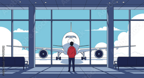 Atmospheric illustration of a person in an airport terminal, looking through a large window at a passenger airplane parked on the tarmac.