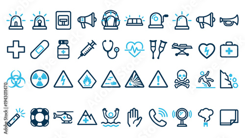 Comprehensive Emergency, Safety, and Medical Outline Icons Collection - Blue and White Vector Set for Warnings and Healthcare