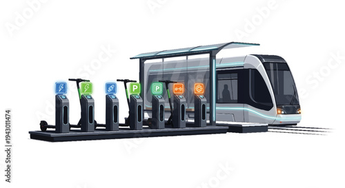 Modern tram with charging station, sustainable transportation concept