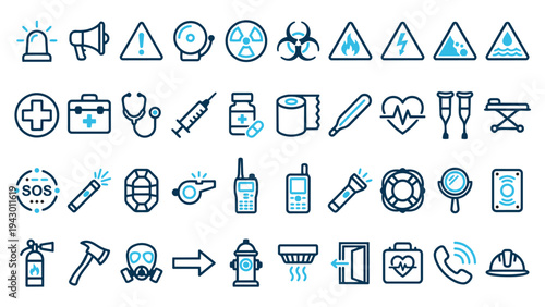 Emergency and medical safety icon set featuring first aid, biohazard, fire safety, and rescue equipment