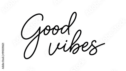 Black hand-lettered "good vibes" on white background in flowing cursive style for upbeat prints, apparel, and digital use.